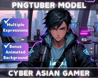 Premade PNGTuber Model Asian Boy Vtuber Model Male PNG Vtuber Avatar Gaming Stream Asset with Free Animated background Cyberpunk Vtuber Room