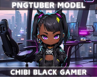 Premade PNGTuber Model Chibi Black Girl Vtuber Model Cute Female PNG Vtuber Avatar Gaming Stream Asset Free Animated background Vtuber Room