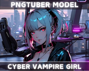 Premade PNGTuber Model Vampire Girl Vtuber Model Female PNG Vtuber Avatar Gaming Stream Asset Free Animated background Cyberpunk Vtuber Room