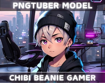 Premade PNGTuber Model Chibi Beanie Boy Vtuber Model Cute Male PNG Vtuber Avatar Gaming Stream Asset Free Animated background Vtuber Room