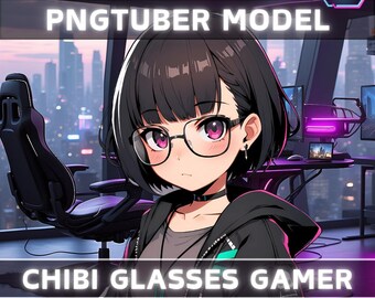 Premade PNGTuber Model Chibi Glasses Girl Vtuber Model Cute Female PNG Vtuber Avatar Gaming Stream Asset Animated background Vtuber Room
