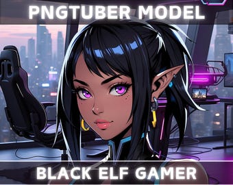 Premade PNGTuber Model Black Elf Girl Vtuber Model Cute Female PNG Vtuber Avatar Gaming Stream Asset Free Animated background Vtuber Room