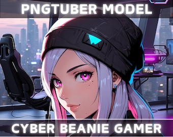Premade PNGTuber Model Beanie Girl Vtuber Model Female PNG Vtuber Avatar Gaming Stream Asset Free Animated background Cyberpunk Vtuber Room