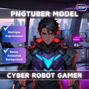May include: A digital avatar of a cyber robot gamer with blue and purple accents. The avatar is in front of a computer screen with a city skyline background. The text "PNGTUBER MODEL" is at the top of the image. The text "CYBER ROBOT GAMER" is at the bottom of the image.