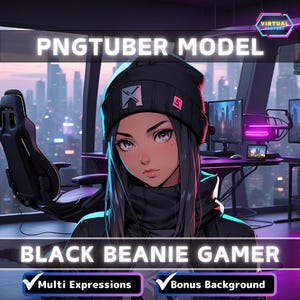 Premade PNGTuber Model Black Beanie Girl Vtuber Model Cute Female PNG Vtuber Avatar Gaming Stream Asset Free Animated background Vtuber Room