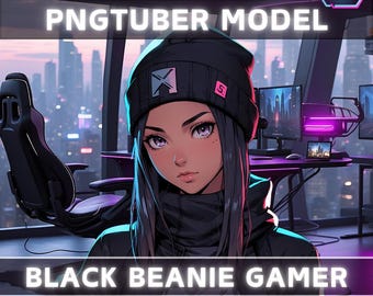 Premade PNGTuber Model Black Beanie Girl Vtuber Model Cute Female PNG Vtuber Avatar Gaming Stream Asset Free Animated background Vtuber Room