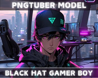 Premade PNGTuber Model Black Hat Boy Vtuber Model Male PNG Vtuber Avatar Gaming Stream Asset Free Animated background Cyberpunk Vtuber Room