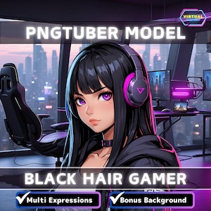 Premade PNGTuber Model Black Hair Girl Vtuber Model Cute Female PNG Vtuber Avatar Gaming Stream Asset Free Animated background Vtuber Room