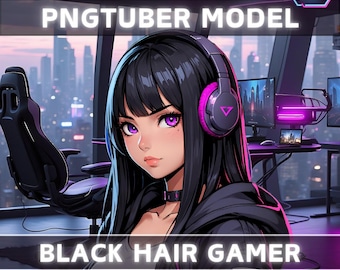 Premade PNGTuber Model Black Hair Girl Vtuber Model Cute Female PNG Vtuber Avatar Gaming Stream Asset Free Animated background Vtuber Room