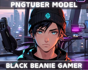 Premade PNGTuber Model Black Beanie Boy Vtuber Model Cute Male PNG Vtuber Avatar Gaming Stream Asset Free Animated background Vtuber Room