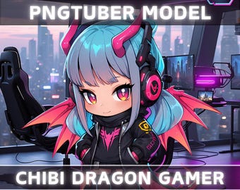 Premade PNGTuber Model Chibi Dragon Girl Vtuber Model Cute Female PNG Vtuber Avatar Gaming Stream Asset Free Animated background Vtuber Room