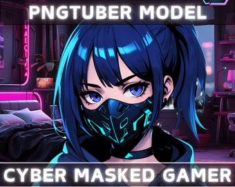 PNGTuber Premade Model Cyber Masked Gamer Girl | Twitch | YouTube | Vtuber | Veadotube | Streaming | OBS #urban #cyberpunk #blue #avatar