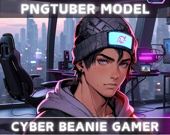 Premade PNGTuber Model Beanie Gamer Boy Vtuber Model Male PNG Vtuber Avatar Game Stream Asset with Free Animated background Cyberpunk Room