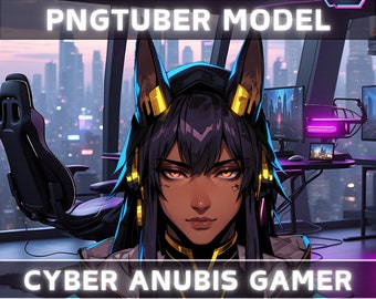 Premade PNGTuber Model Anubis Male Vtuber Model Dog Boy PNG Vtuber Avatar Game Stream Asset Free Animated background Cyber Streaming Room