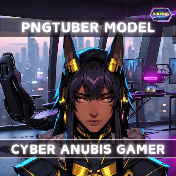Premade PNGTuber Model Anubis Male Vtuber Model Dog Boy PNG Vtuber Avatar Game Stream Asset Free Animated background Cyber Streaming Room