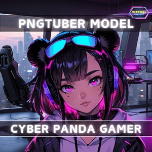 Premade PNGTuber Model Panda Girl Vtuber Model Cute PNG Vtuber Avatar Game Stream Asset Free Animated background Cyberpunk Streaming Room