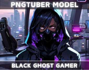 Premade PNGTuber Model Black Ghost Boy Vtuber Model Male PNG Vtuber Avatar Gaming Stream Asset Free Animated background Cyber Vtuber Room