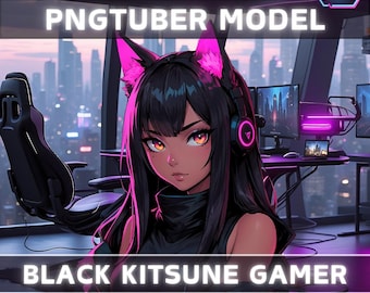 Premade PNGTuber Model Black Kitsune Girl Vtuber Model Female PNG Vtuber Avatar Gaming Stream Asset Free Animated background Vtuber Room