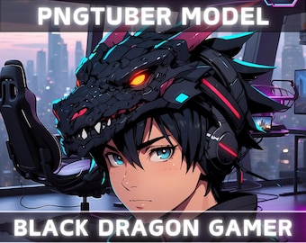 Premade PNGTuber Model Black Dragon Boy Vtuber Model Male PNG Vtuber Avatar Gaming Stream Asset Free Animated background Cyber Vtuber Room