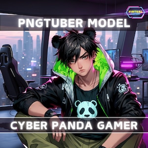 Modelo PNGTuber prediseñado Panda Modelo Vtuber masculino Niño PNG Avatar Vtuber Recurso de transmisión de juego Fondo animado gratuito Sala de transmisión Cyberpunk