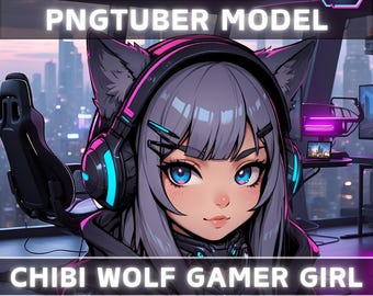 Peut inclure: Illustration numérique d'une fille loup chibi portant un casque et une veste noire. L'arrière-plan est une ville avec des lumières néon. Le texte "PNGTUBER MODEL" est en haut de l'image. Le texte "CHIBI WOLF GAMER GIRL" est en bas de l'image. Il y a deux coches avec le texte "Multi Expressions" et "Bonus Background" sous le texte.