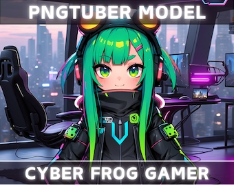 Premade PNGTuber Model Frog Girl Vtuber Model Female PNG Vtuber Avatar Gaming Stream Asset Free Animated background Cyberpunk Vtuber Room