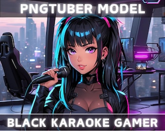 Premade PNGTuber Model Black Karaoke Girl Vtuber Model Female PNG Vtuber Avatar Gaming Stream Asset Free Animated background Vtuber Room