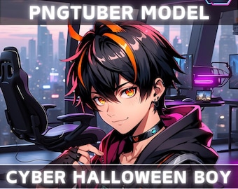 Premade PNGTuber Model Halloween Boy Vtuber Model Cute Male PNG Vtuber Avatar Gaming Stream Asset Free Animated background Cyber Vtuber Room