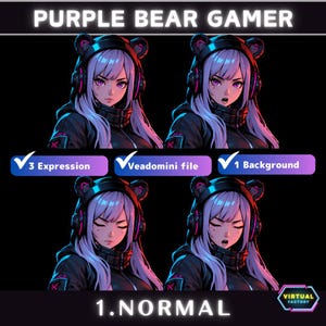 May include: Purple bear gamer avatar with three different expressions: normal, surprised, and angry. The avatar is wearing a black jacket with a pink and blue glow, purple headphones, and a purple bear headband. The background is black.