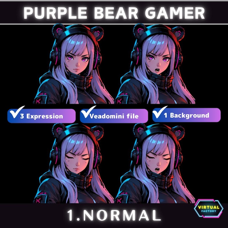May include: Purple bear gamer avatar with three different expressions: normal, surprised, and angry. The avatar is wearing a black jacket with a pink and blue glow, purple headphones, and a purple bear headband. The background is black.