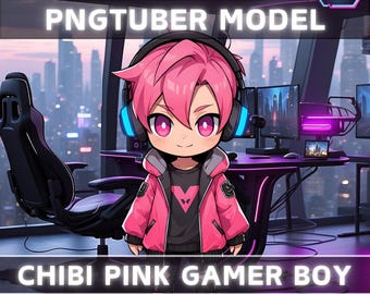 Premade PNGTuber Model Chibi Pink Boy Vtuber Model Cute Male PNG Vtuber Avatar Gaming Stream Asset Free Animated background Vtuber Room