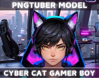 Premade PNGTuber Model Cat Boy Vtuber Model Male PNG Vtuber Avatar Game Stream Asset Free Animated background Cyberpunk Streaming Room