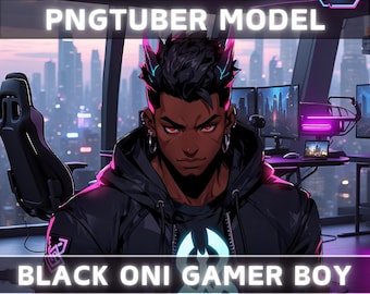 Premade PNGTuber Model Black Oni Demon Boy Vtuber Model Cute Male PNG Vtuber Avatar Gaming Stream Asset Free Animated background Vtuber Room