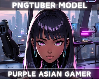 Premade PNGTuber Model Purple Asian Girl Vtuber Model Cute Female PNG Vtuber Avatar Gaming Stream Asset Free Animated background Vtuber Room