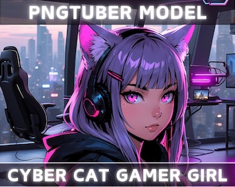 Premade PNGTuber Model Cat Girl Vtuber Model Cute PNG Vtuber Avatar Game Stream Asset Free Animated background Cyberpunk Streaming Room