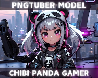Premade PNGTuber Model Chibi Panda Girl Vtuber Model Cute Female PNG Vtuber Avatar Gaming Stream Asset Free Animated background Vtuber Room