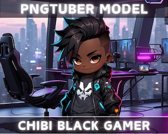 Premade PNGTuber Model Chibi Black Boy Vtuber Model Cute Male PNG Vtuber Avatar Gaming Stream Asset Free Animated background Vtuber Room