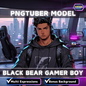 Op de afbeelding: Een digitale illustratie van een Black Bear Gamer Boy PNGtuber-model. Het model draagt een zwarte hoodie met een wit berenlogo en een headset. Het model zit voor een computer met een skyline van de stad op de achtergrond. De tekst "PNGTUBER MODEL" en "BLACK BEAR GAMER BOY" wordt weergegeven op de afbeelding.
