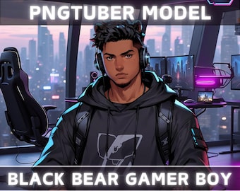 Premade PNGTuber Model Black Bear Boy Vtuber Model Male PNG Vtuber Avatar Gaming Stream Asset Free Animated background Cyberpunk Vtuber Room