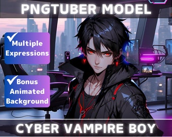 Premade PNGTuber Model Vampire Boy Vtuber Model Male PNG Vtuber Avatar Gaming Stream Asset Free Animated background Cyberpunk Vtuber Room