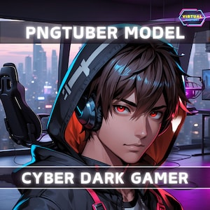 Puede incluir: Un avatar digital de una persona joven con cabello castaño que lleva una sudadera con capucha negra y naranja con una raya blanca, ojos rojos y auriculares. El avatar está etiquetado como "PNGTUBER MODEL" y "CYBER DARK GAMER".