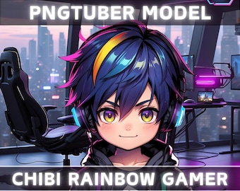 Premade PNGTuber Model Chibi Rainbow Boy Vtuber Model Cute Male PNG Vtuber Avatar Gaming Stream Asset Free Animated background Vtuber Room