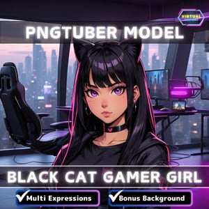 Premade PNGTuber Model Black Cat Girl Vtuber Model Cute Female PNG Vtuber Avatar Gaming Stream Asset Free Animated background Vtuber Room