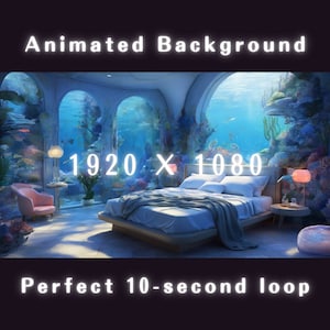 以下が含まれることがあります： 水中の景色がある寝室のアニメーション背景画像。ベッド、ピンクのアームチェア、ランプ付きの小さなテーブルが含まれています。解像度は1920 x 1080ピクセルです。「Perfect 10-second loop」と書かれています。