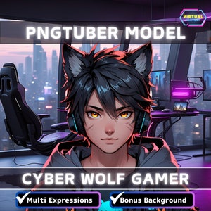May include: A digital illustration of a young person with wolf ears and headphones, wearing a grey hoodie. The person is sitting in front of a computer with a city skyline in the background. The text "PNGTUBER MODEL" is at the top of the image, and the text "CYBER WOLF GAMER" is at the bottom. The image also includes checkmarks with the text "Multi Expressions" and "Bonus Background".