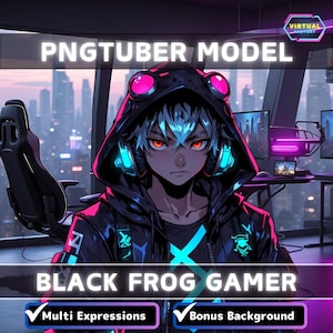 May include: A digital illustration of a cartoon character wearing a black hoodie with a neon blue and green design. The character has blue hair, red eyes, and is wearing headphones. The character is sitting in front of a computer desk with a monitor and a microphone. The background is a cityscape at night. The text "PNGTUBER MODEL" is at the top of the image. The text "BLACK FROG GAMER" is at the bottom of the image. The text "Multi Expressions" and "Bonus Background" are in checkboxes at the bottom of the image.