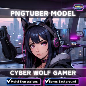 Premade PNGTuber Model Wolf Girl Vtuber Model Cute Female PNG Vtuber Avatar Gaming Stream Asset with Free Animated background Vtuber Room