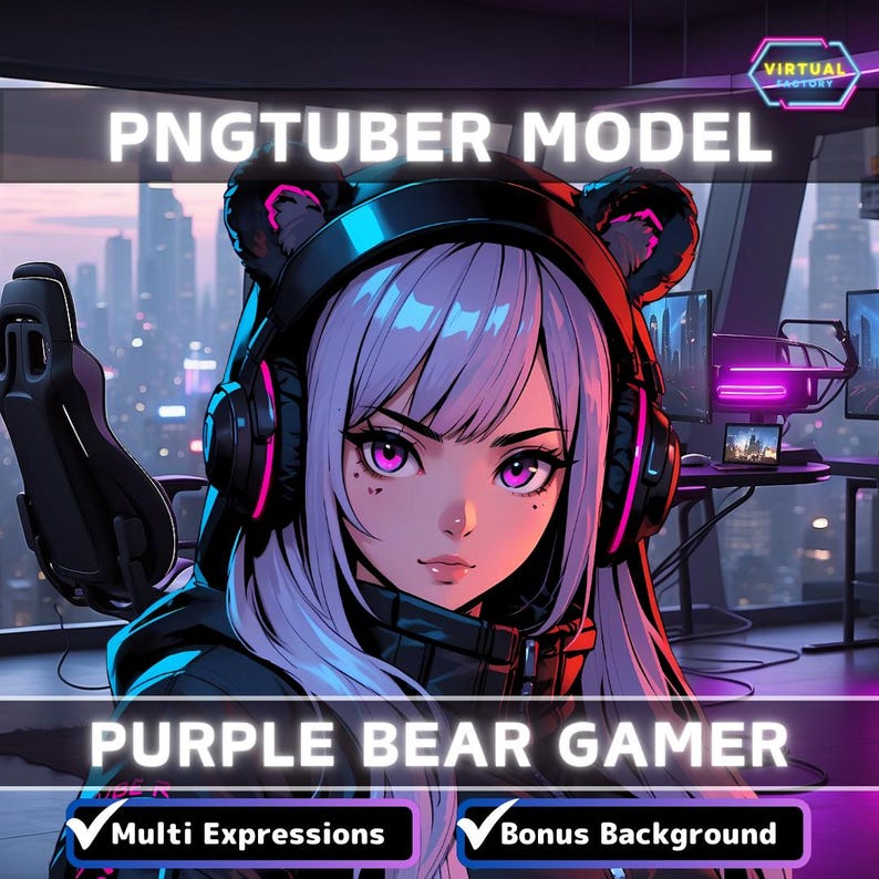 May include: An anime character with purple hair and a pink and black headset, wearing a black jacket with a purple bear logo. The text "PNGTUBER MODEL" and "PURPLE BEAR GAMER" is displayed on the image. The image also includes a tick with the text "Multi Expressions" and a tick with the text "Bonus Background".
