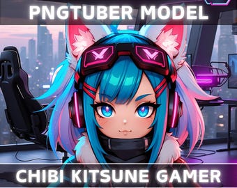 Premade PNGTuber Model Chibi Kitsune Girl Vtuber Model Female PNG Vtuber Avatar Gaming Stream Asset with Animated background Vtuber Room