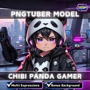 Prefabricado PNGTuber Modelo Chibi Panda Boy Vtuber Modelo Lindo Masculino PNG Vtuber Avatar Gaming Stream Activo Fondo animado gratuito Sala Vtuber